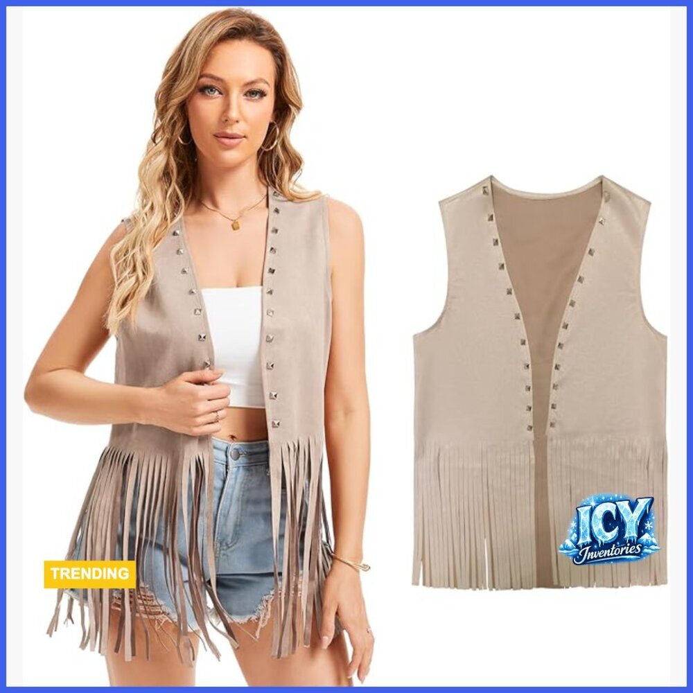 Faux Suede Fringe Vest with Rivets and Tassels, Sleeveless Western Style